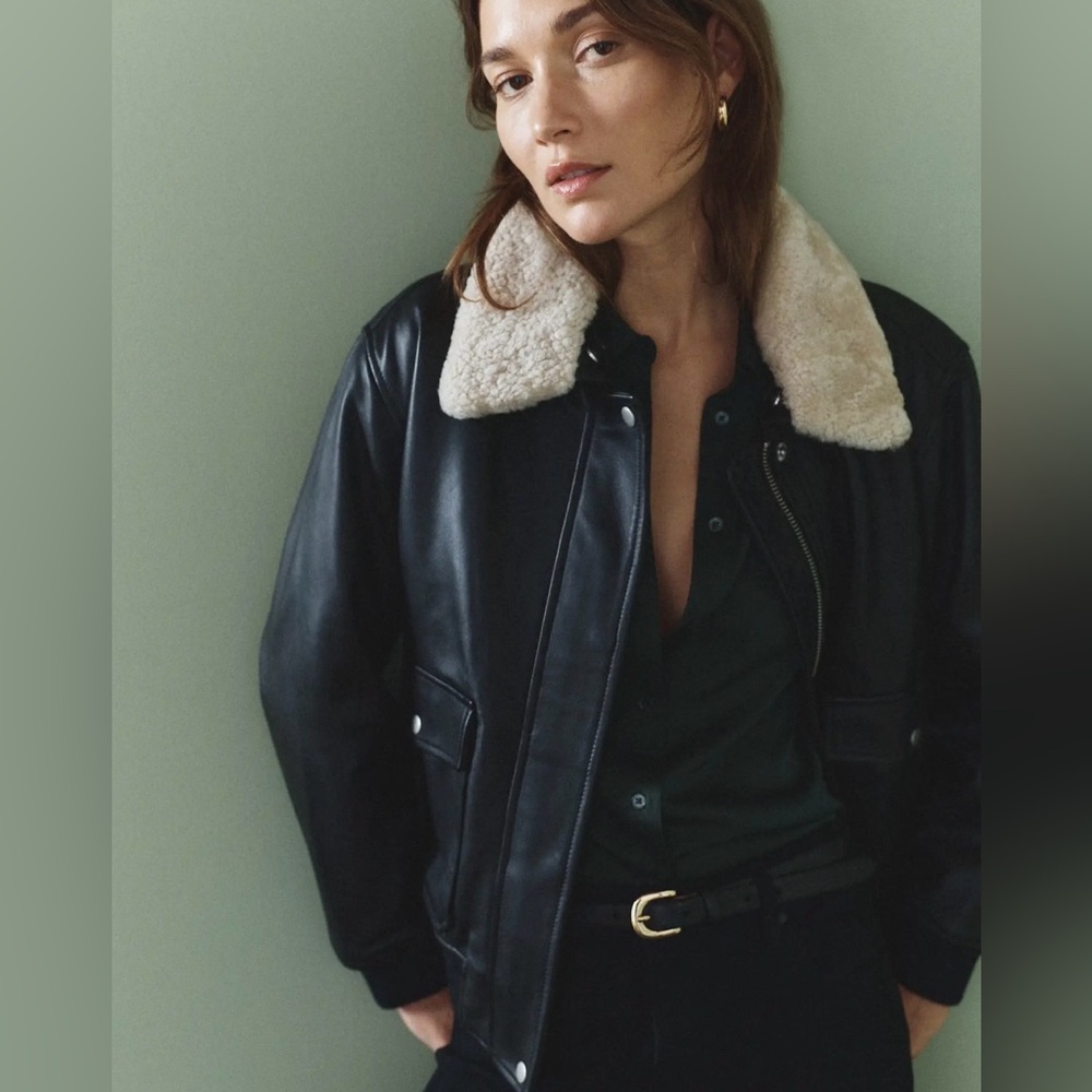 Quince Black 100% Leather Shearling Trim Aviator Jacket Bomber - Picture 2 of 12